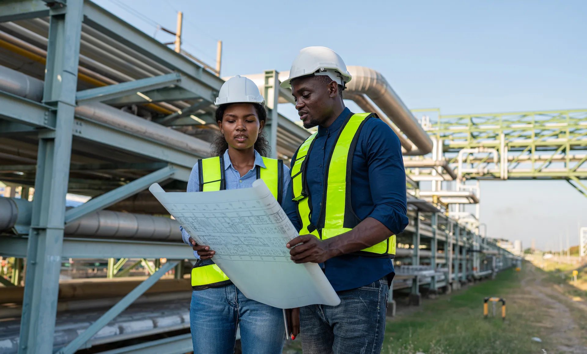 MMEP engineers reviewing project plans on site